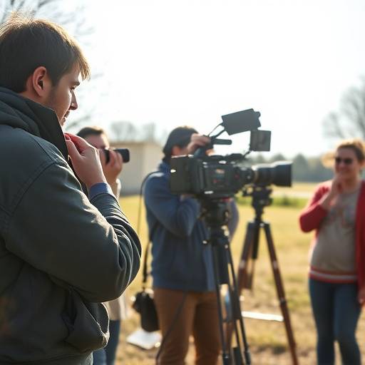 Des étudiants de l'Académie Ciné Lumière filmant une scène en extérieur