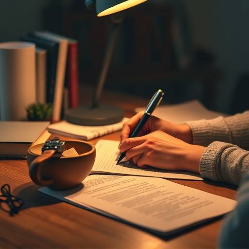 Image d'une personne écrivant un scénario, avec des notes et des livres sur le bureau.