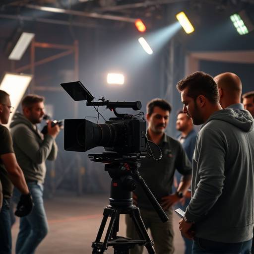 Image d'une équipe de tournage travaillant sur un plateau, avec une caméra et des lumières.
