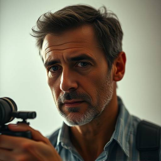 Portrait d'Étienne Dubois, chef opérateur de renom et formateur à l'Académie Ciné Lumière, réglant un projecteur de lumière