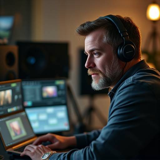 Portrait de Pierre Dubois, monteur vidéo professionnel et formateur à l'Académie Ciné Lumière, travaillant sur une station de montage